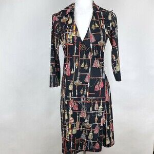 NWT Tracy Negoshian Women's Size S Black Tassel Print Wrap Dress TN-186 Cathy